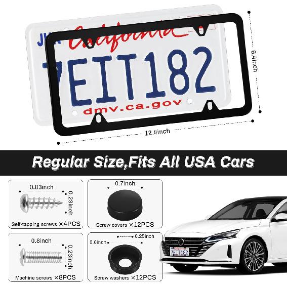 Alpmosn 2PCS Stainless Steel License Plate Frames, 4 Holes Car Licence Plate Covers with Screws Washers and Caps, Car Exterior Accessories, License