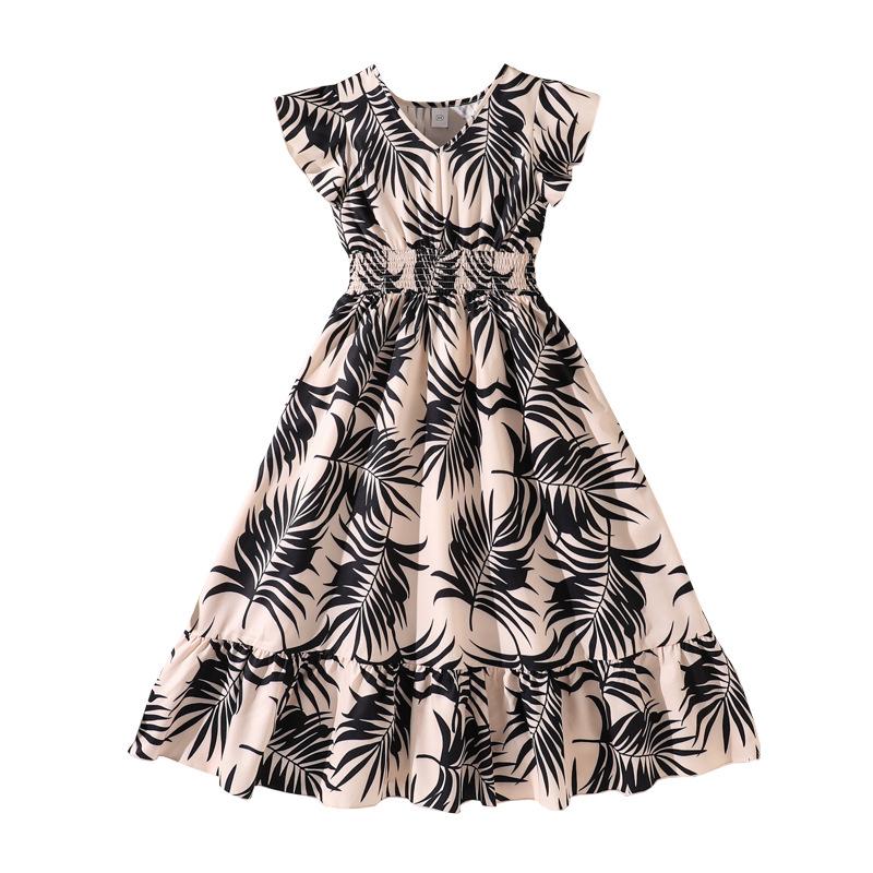 Sweet Dress for Girls, Autumn Children's Fashion V-neck Butterfly Sleeve Striped Pleated Waist Dress