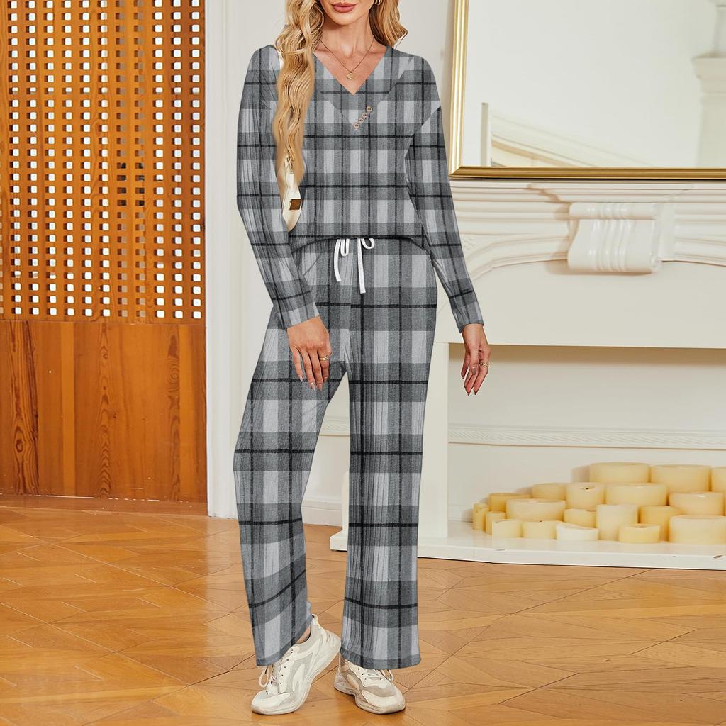 Women's V-Neck Loose Fit Printed Long Sleeve Pajama Set with Pockets - Casual Sleepwear Loungewear Set