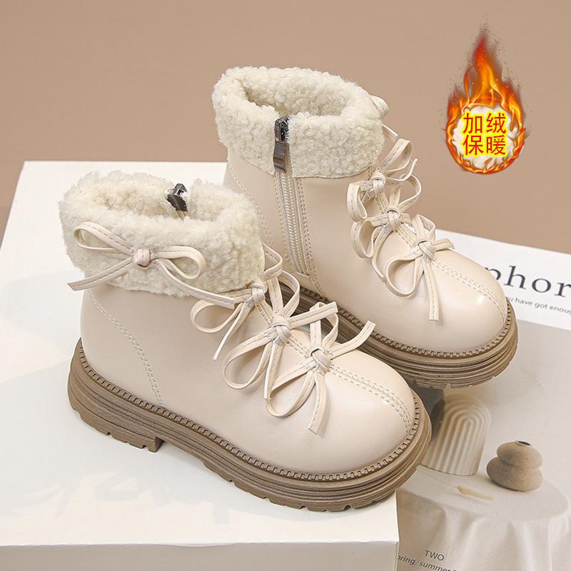 Girls' Velvet 2025 Martin Boots Korean Version Bow Fluffy Short Boots Medium and Older Children's Cotton Boots Thick-soled Princess Style Boots