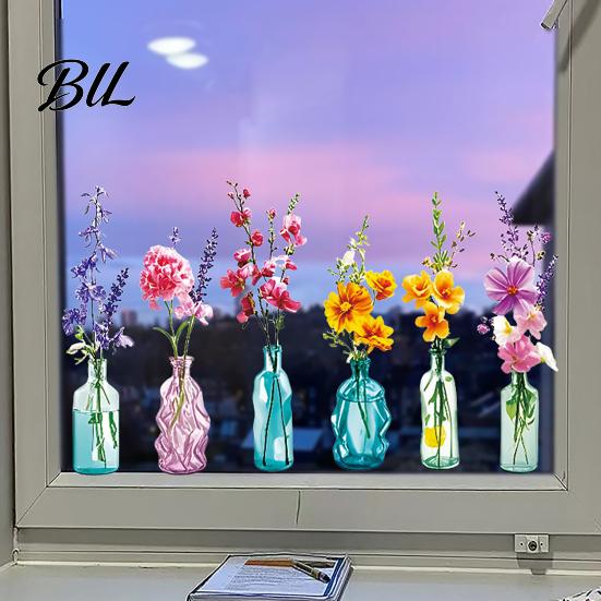 Bathroom Window Decal Spring Summer Flower Butterfly Cling Colorful Floral Sticker Scratch-resistant Removable Double-Sided Static Decals for