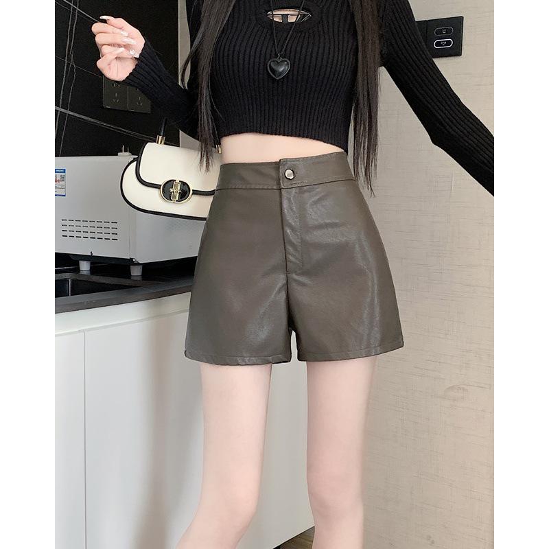 

Женские шорты из искусственной кожи с высокой посадкой 2025: Стройнящие, широкие, повседневные в корейском стиле для весны и осени 2XL кофейный