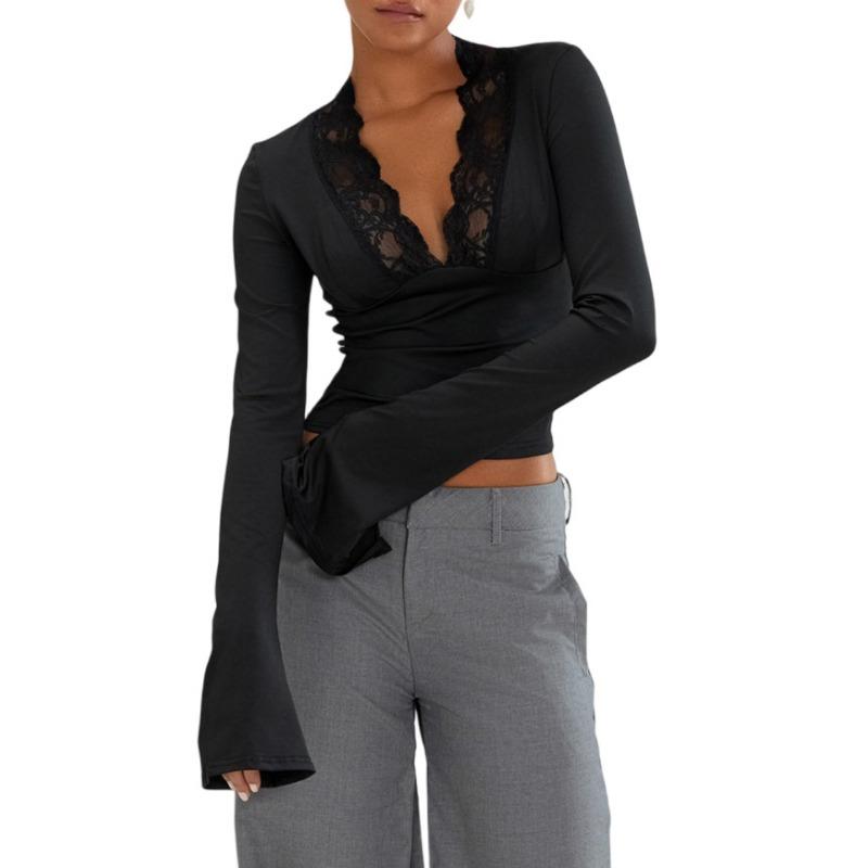 

Жіноча нова футболка Slim з V-подібним вирізом Spice Girls, мереживною вставкою та рукавом-кльош, сексуальний топ XL чорний