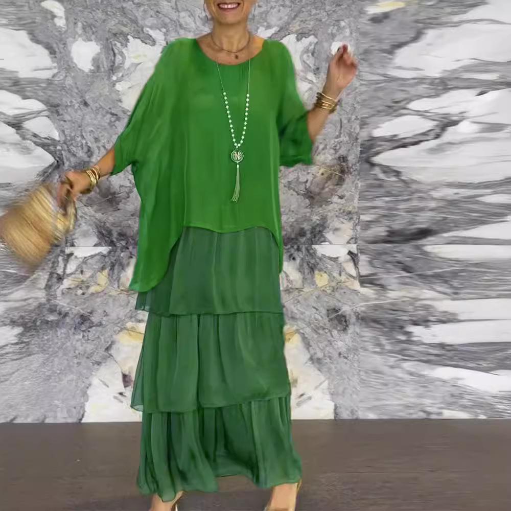 2024 Chiffon Mesh Bat Sleeve Round Neck Long Dress