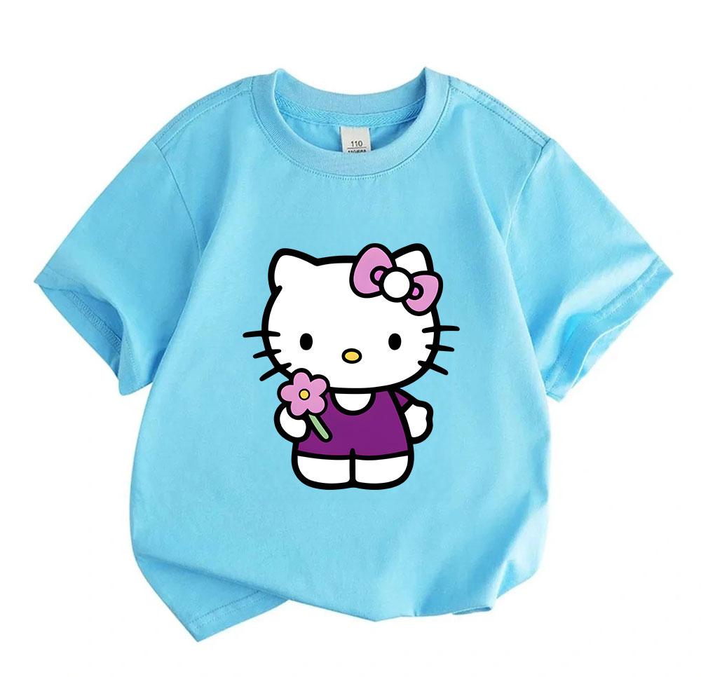 Kids Boys Girls Crew Neck Short Sleeve 100% Cotton T-Shirt, Cute Cartoon Cat Print Casual Soft Breathable Tee with Lovely Pink Flower, Comfortable Dai