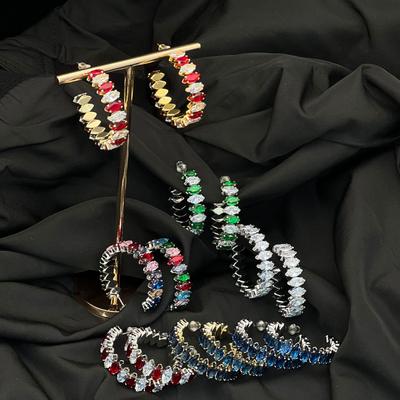 Exquisite Colorful Diamond C-Shaped Large Hoop Earrings for Women - European & American Style