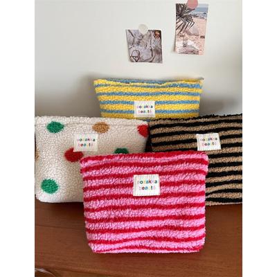 Wind Winter Plush Cosmetic Bag Color Polka Dots Large Capacity Travel Skin Care Cosmetics Storage Bag Women