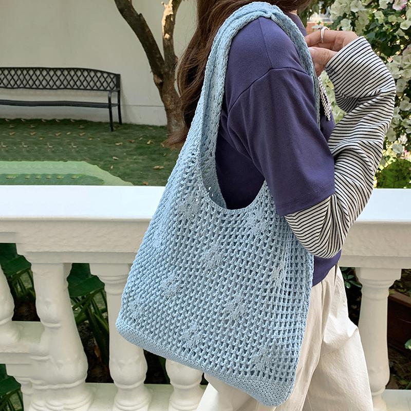 Yogodlns Korean Style Hollow Out Knitted Weave Bag Solid Color Vacation Style Knitted Shoulder Bag Handbag Braided