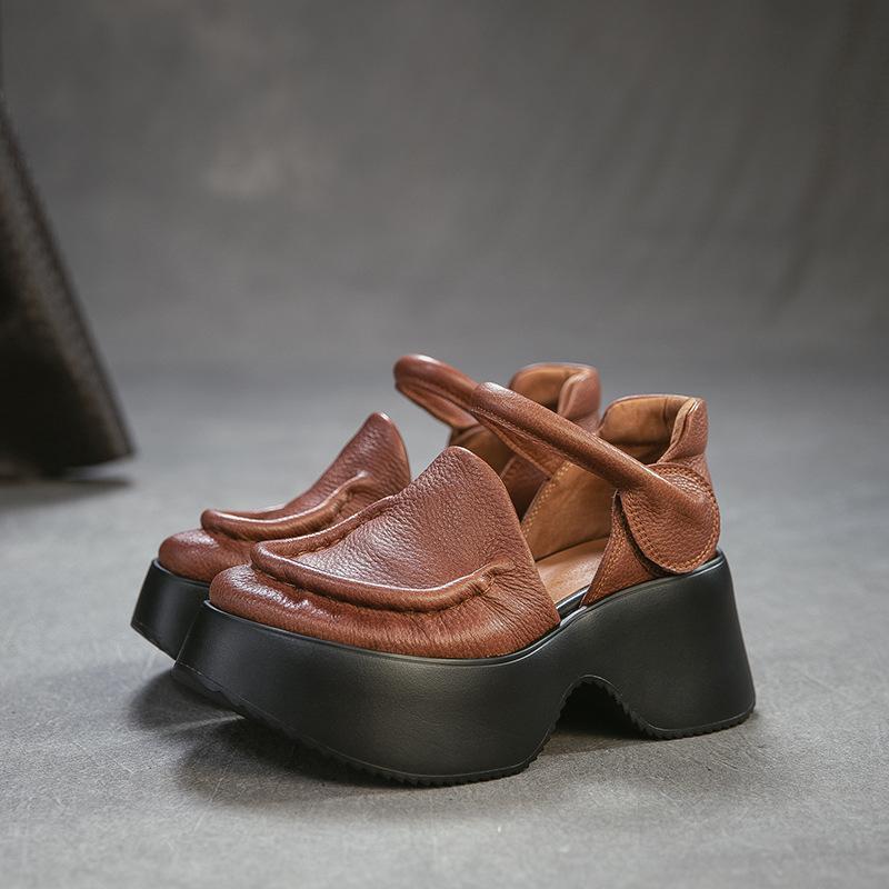 Johnature Sandales en Cuir Véritable à Semelles Épaisses Bout Rond Rétro Talon Épais Chaussures Plateformes pour Femmes