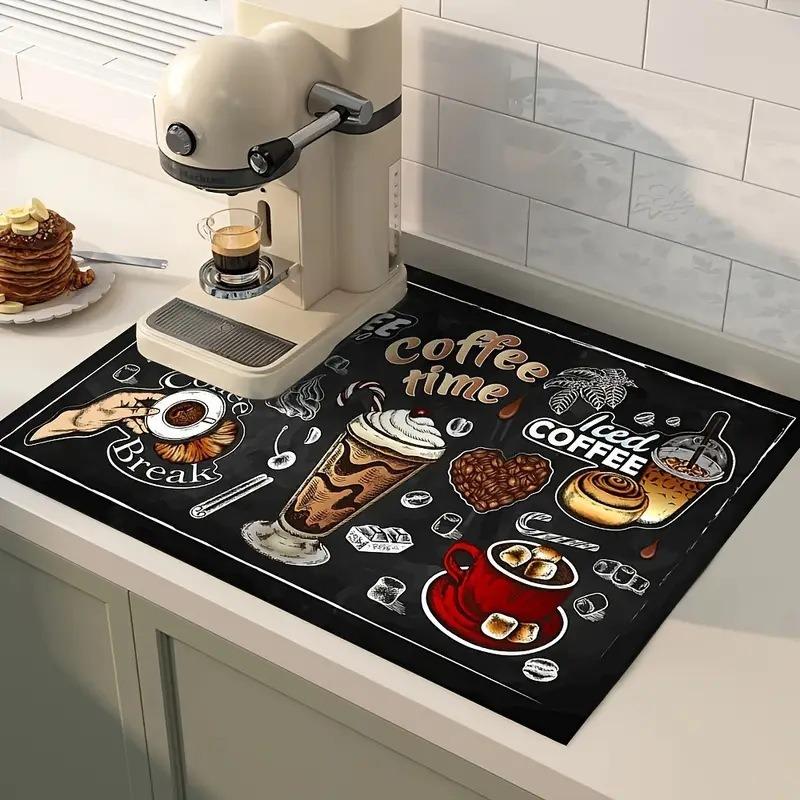 Creative Pattern Printed Coffee Machine Mat Desktop Drainage Pads Kitchen Countertop Quick Water Absorbing Utensil Drain Pad Washable Mats 1pcs