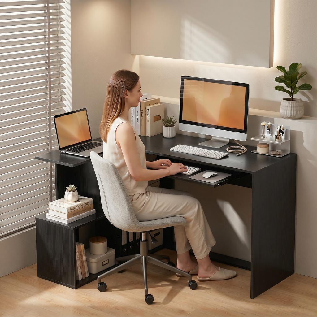 Corner Desk, 120 x 100 x 76 cm, L-Shaped Computer Desk, Keyboard Tray, 4 Open Compartments, Black