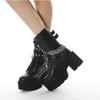 Hochwertige Leder Gothic Schwarze Stiefel Damen Absatz Sexy Kette Blockabsatz Plateaustiefel Damen Punk Style Stiefeletten Reißverschluss