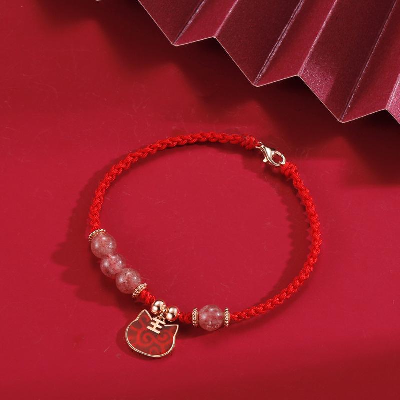 

Оригинальный браслет из красной веревки с тигром и клубничным кристаллом к Празднику Весны, женский, плетеный вручную, нишевая бижутерия