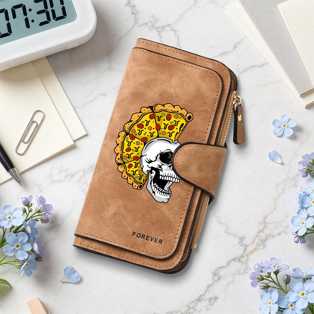 Skull Pizza Pattern Long Wallet Fashion Casual Portable Multi Card Slot Daily Purse