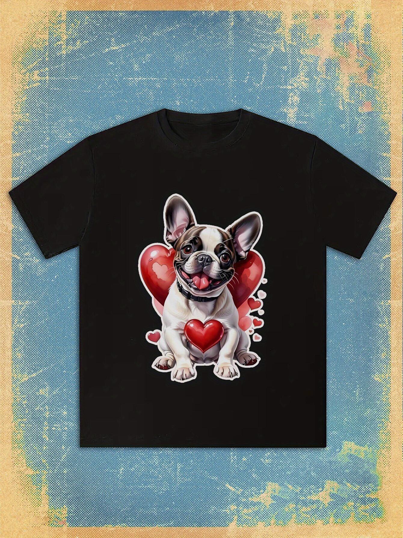 T-shirt Casual Crew Neck with Playful French Bulldog & Heart Design - Soft Comfort L