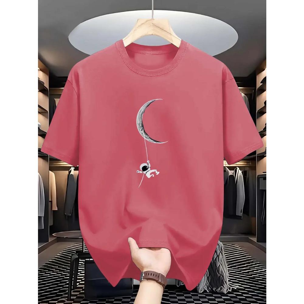 Astronaut & Moon Print Men'S T-shirt, Casual Short Sleeve Crew Neck Tee,   Composition, Regular Fit, Slight Stretch