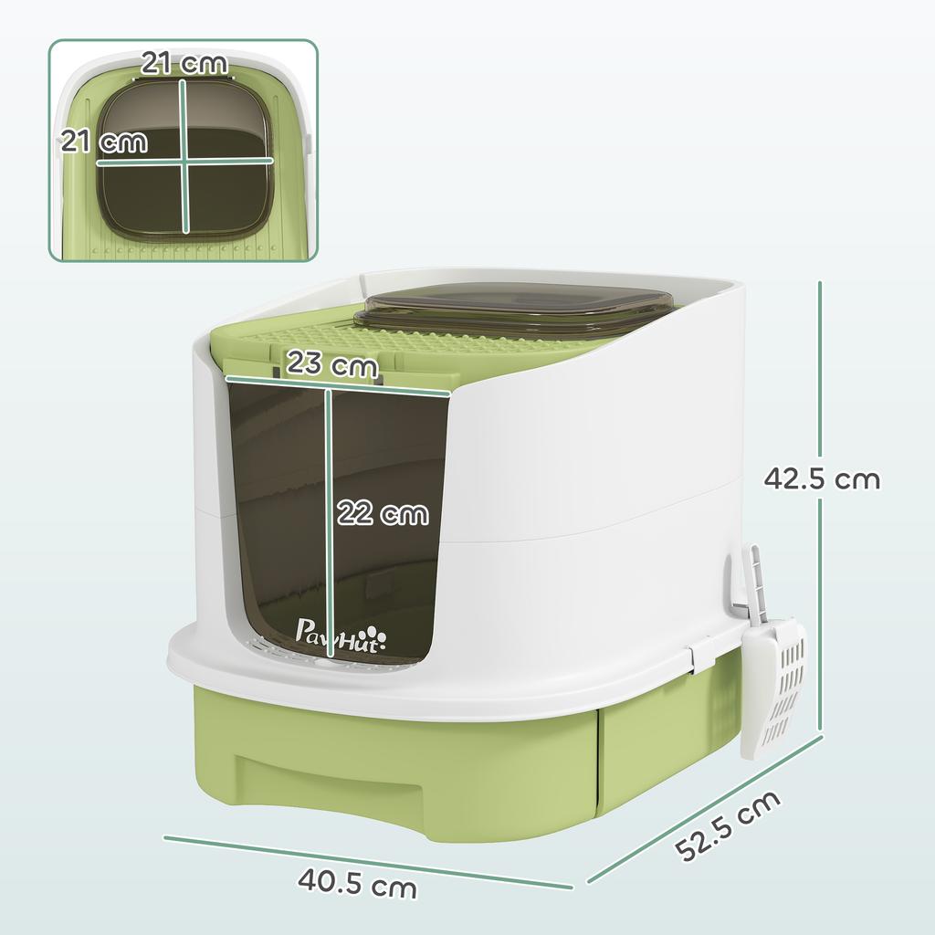 Enclosed Cat Litter Box with 2 Doors, Removable Tray, Scoop and Deodorant, In PP, 40.5x52.5x42.5 Cm, Green