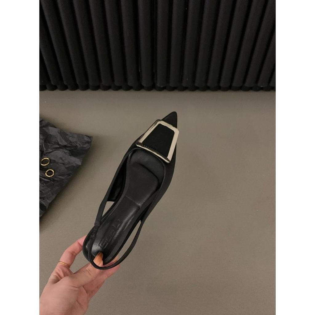 French Flat-soled Black Bag Head Sandals Fairy Shoes 2025 New Spring and Summer Pointed Rhinestone Temperament Single Shoes