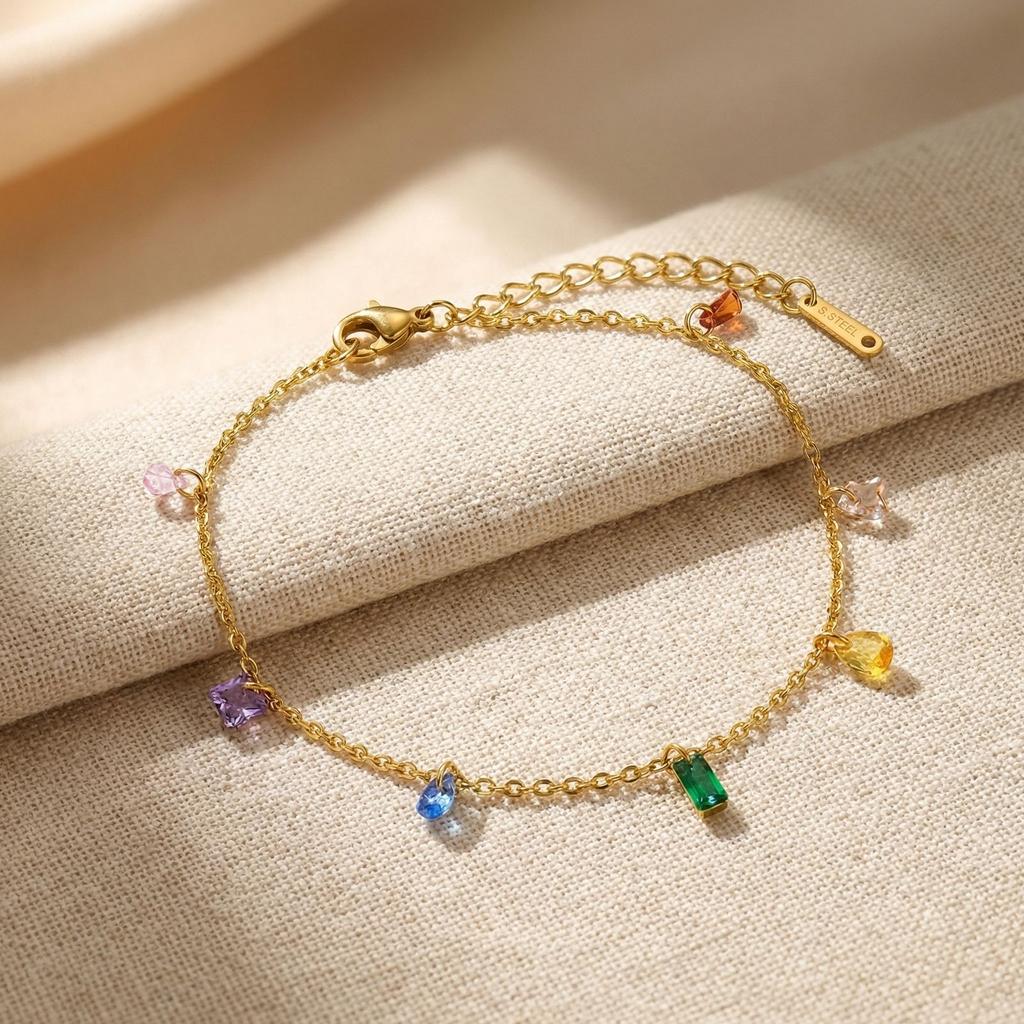 Colorful Cubic Zirconia Anklet Bracelet for Women,Waterproof Stainless Steel Chain Crystal Pendant Trendy Foot Anklet Jewelry