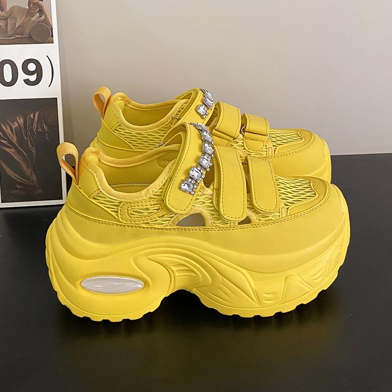 Fashion 6.5CM Breathable Hollow Leather Women Sandals Vulcanized Mesh Chunky Platform Crystal Shoes High Heels Casual Summer Sneakers