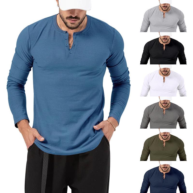 2026 European Men's Solid Color Round Neck Henley T-Shirt Long Sleeve Casual Sports Base Layer