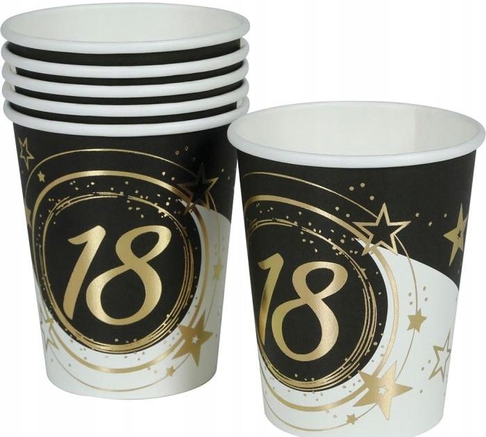 Kubeczki Papierowe 18 Urodziny Osiemnastka Złote Czarne Party 240Ml 6Szt.