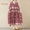 Boho Elephant Floral Print Maxi Dress for Women Oversized Cotton Linen Long Dress Casual Short Sleeve Beach Sundress