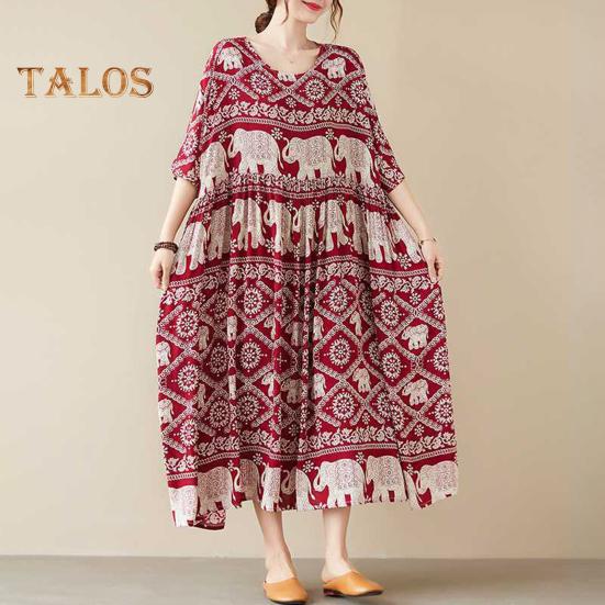 Boho Elephant Floral Print Maxi Dress for Women Oversized Cotton Linen Long Dress Casual Short Sleeve Beach Sundress