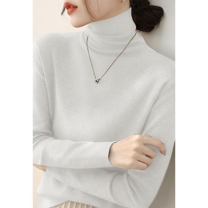 High-Grade Slim fit Pullover Pea Green Inner wear Base Women clothes Simple Pile Collar Spring Long sleeve Knit Top