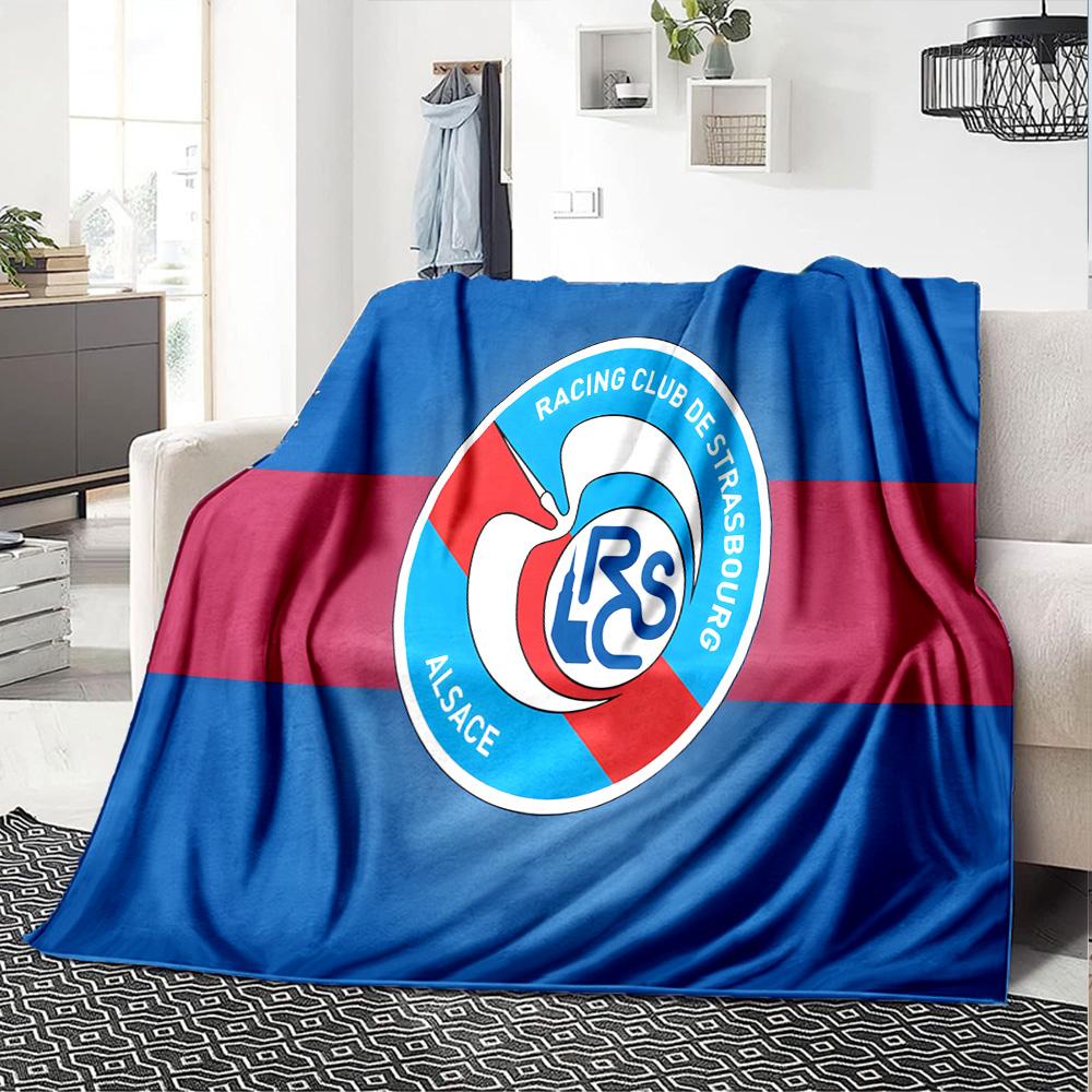 Racing Club Strasbourg Crest Flannel Blanket, Soft Polyester, Modern Design, All-Season for Camping, Travel, Gifts for Holidays or Birthdays