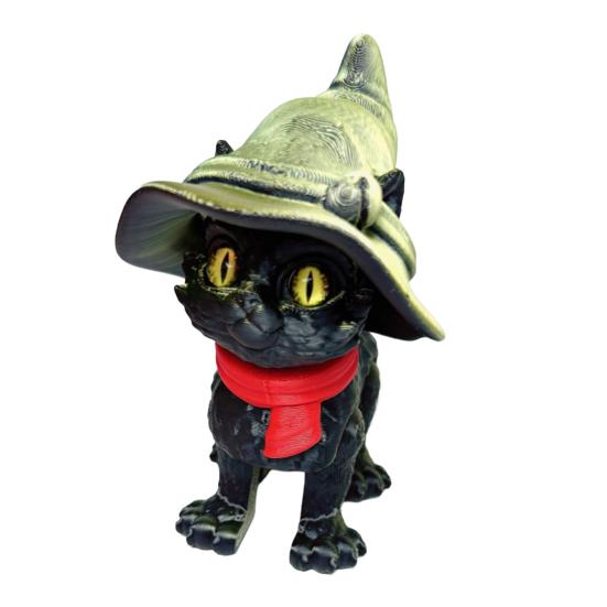 3D Printed Articulated Cat Wizard Hat Cat Ornament Wearing Red Scarf Big Eyes Cat Fidget Toy with Flexible Joints for Stress Relief Desktop Decoration
