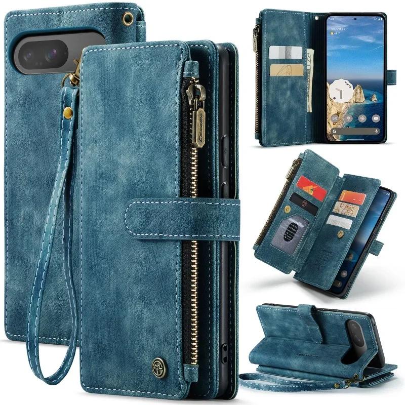 Zipper Leather Flip Phone Case for Google Pixel 10 9 Pro XL 9A 8 8A 7A 5G Pixel10 Pixel9A Wallet Lanyard Card Purse Cover Etui