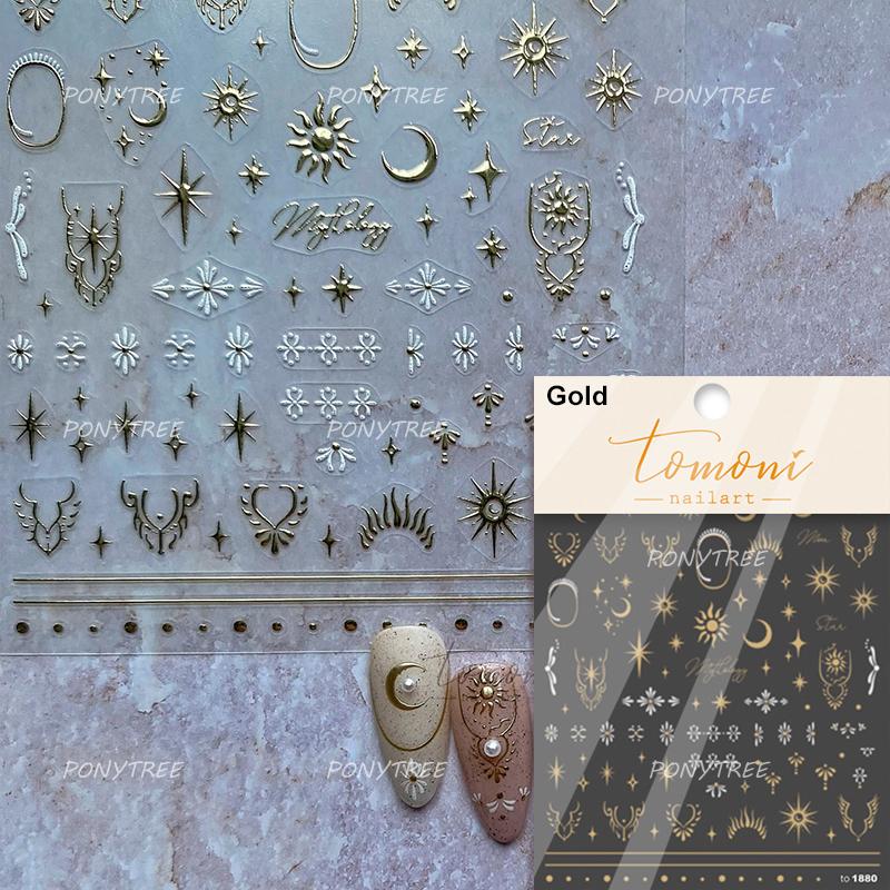 Retro Gold Silver Star Sun Moon Flower Gothic Love Geometric Shapes Starburst Nail Art Stickers Manicure Decals Decoration