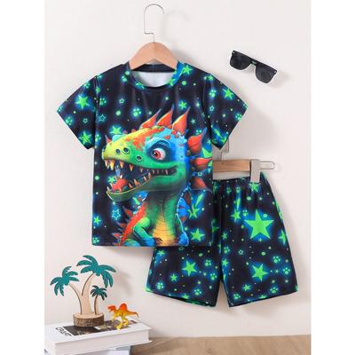 Costum de vară pentru băieți, stil abstract, cu imprimeu de dinozaur cool și stele, cu mânecă scurtă