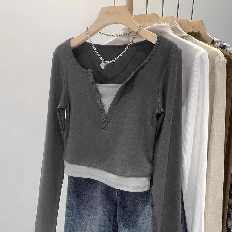2025 Women's Spring/Autumn Color Block Two-Piece Look Long Sleeve T-Shirt with Chic Buttons