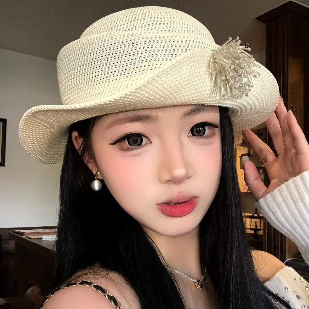 Women's French Woven Hollow Three-Dimensional Flower Top Hat Rolled Edge Elegant Fisherman Hat for Spring New Style