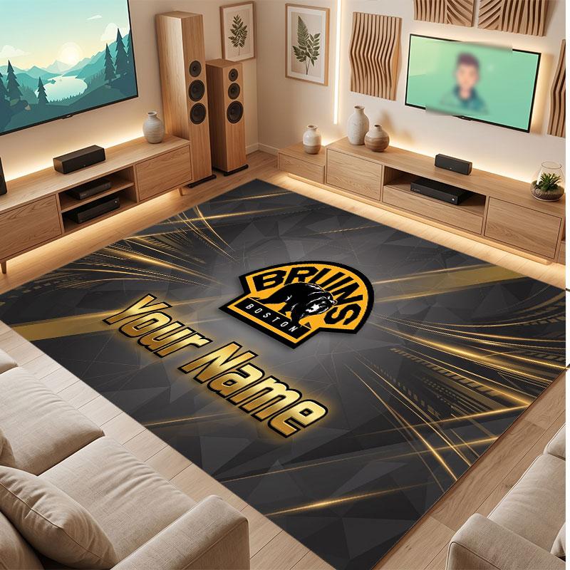 Tappeto in Cristallo Vellutato Personalizzato Boston Bruins, Tappeto Morbido Antiscivolo con Testo Nome Personalizzato per Soggiorno Camera da Letto