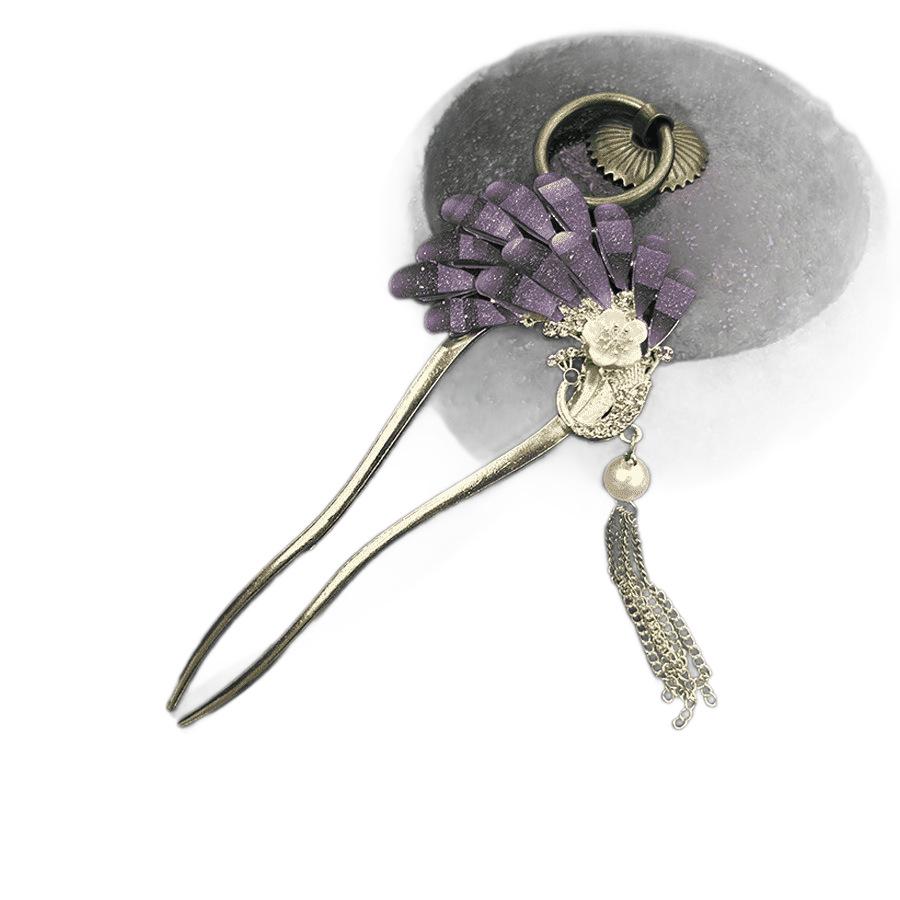 Épingle à cheveux vintage en forme de U avec pompon paon pour femmes - Épingle à chignon nacrée pour Cheongsam et Hanfu