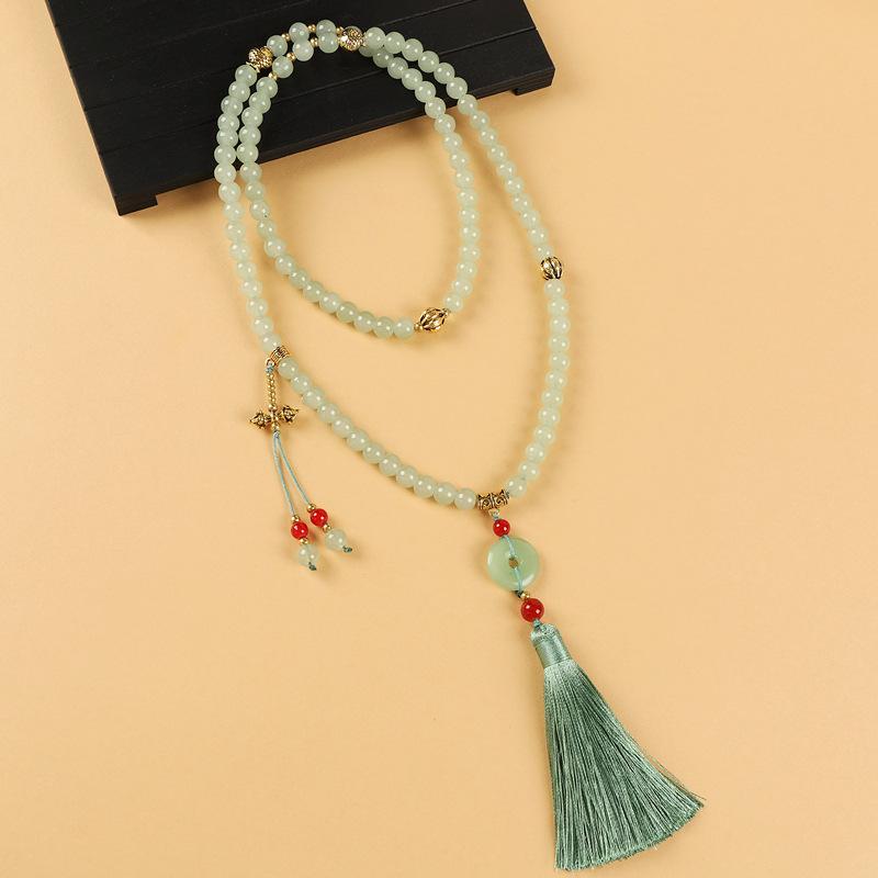 Green glazed beaded necklace medium and long high-end fringed sweater chain women's cheongsam retro accessories