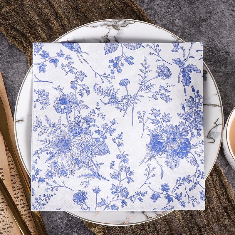 European Retro Blue and White Porcelain Print Disposable Napkins for Restaurant, Party, or Hotel Dining