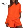 Summer Top Set 2 Pcs/Set Women Tracksuit Solid Color One-shoulder Short Shorts Pants Leisure for Daily Wear