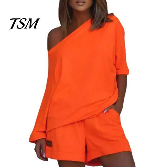 Summer Top Set 2 Pcs/Set Women Tracksuit Solid Color One-shoulder Short Shorts Pants Leisure for Daily Wear