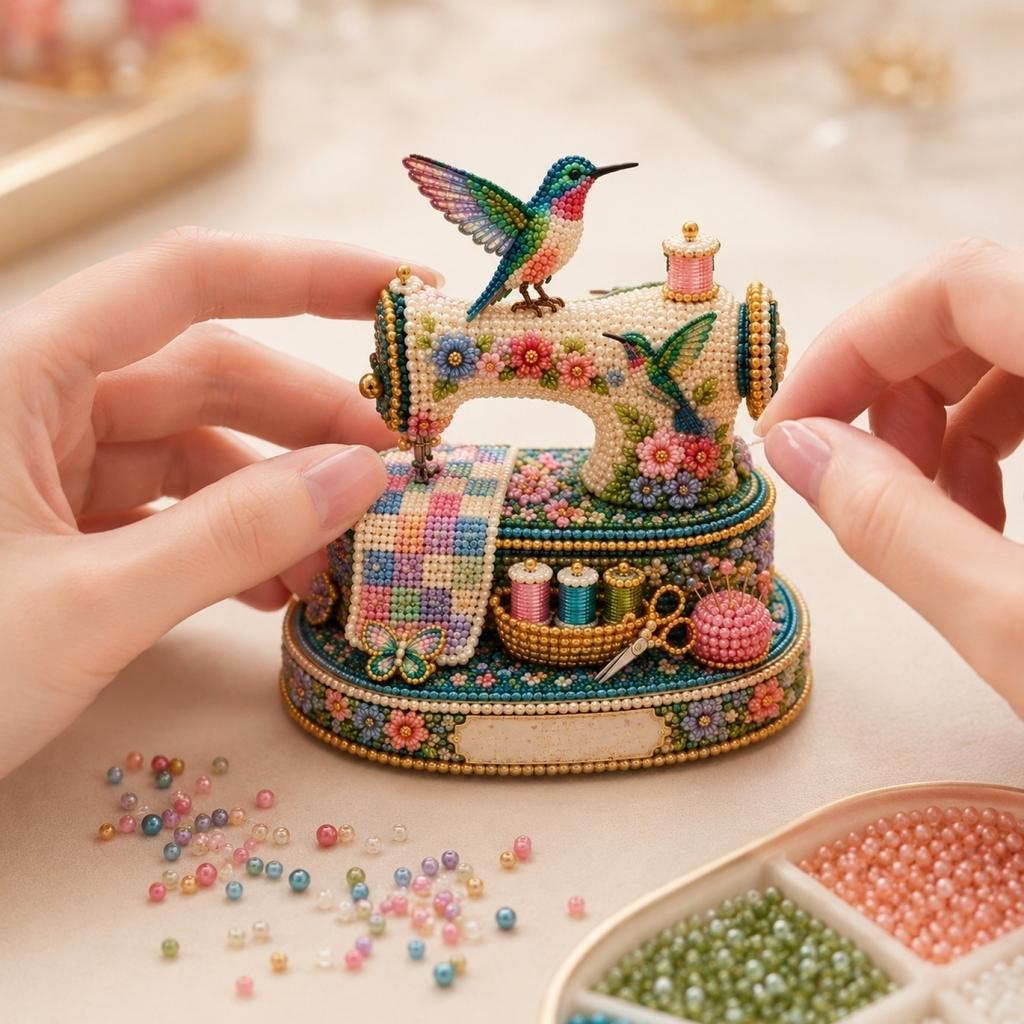 Spring Hummingbird Sewing Machine DIY Bead Kit for Beginners Complete Craft Set with Sewing Accessories and Decorative Elements for Room Display