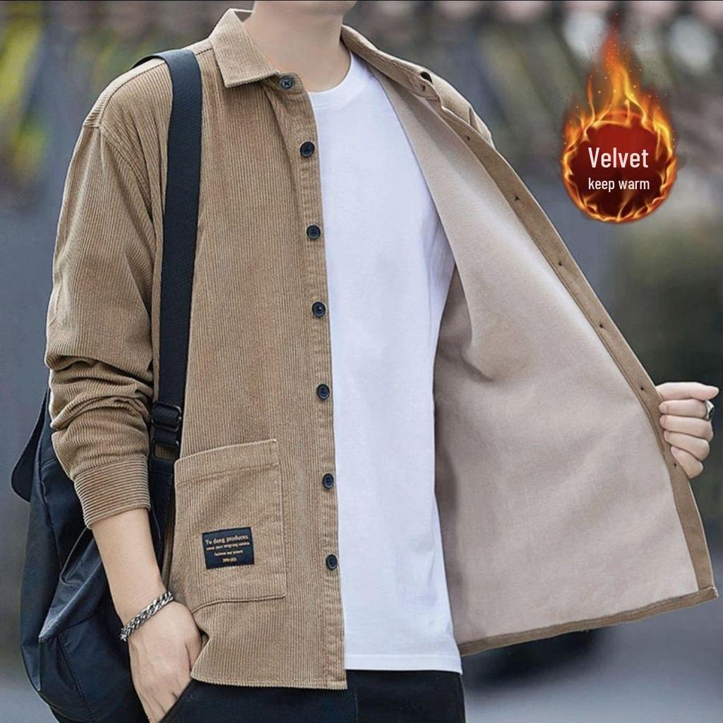 Men's Corduroy Warm Shirt: Velvet-Lined, Multi-Pocket, Long Sleeve Casual Workwear for Autumn/Winter.