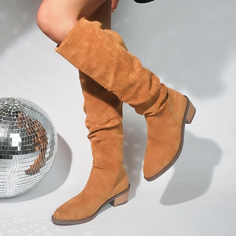 Retro Knee High Western Boots Women  Autumn Faux Suede Thick Heels Long Boots Woman Plus Size 43 Pointed Toe Cowboy Botas 43