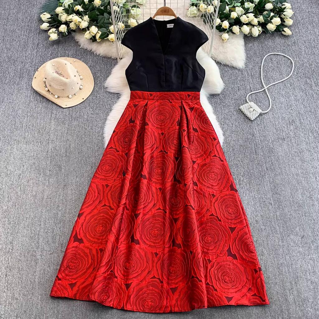 Elegant Women Contrast Color High Waist Evening Dress Beautiful Chic Jacquard Waist-cinching A-line  Spring New Women DRESS