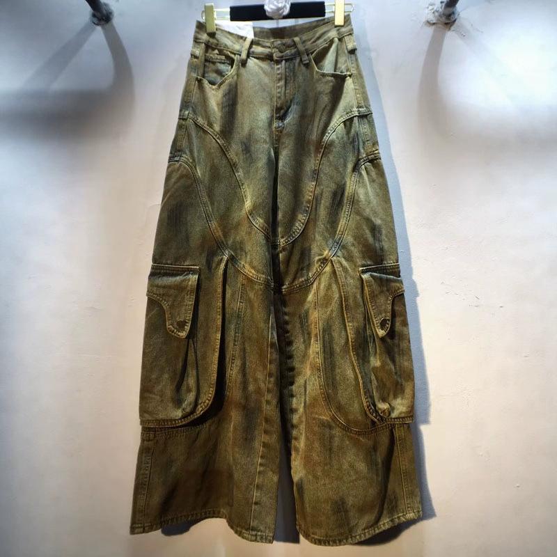 European Station Autumn Clothing New High Waist Skinny Painted Multi-Pocket Wide Leg Straight Jeans Trousers Women's Pants