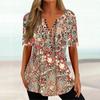 Women Summer T-shirt Flower Print V Neck Short Sleeves Loose Vintage Daily Wear Mid Length Plus Size Women Top Female Clothes