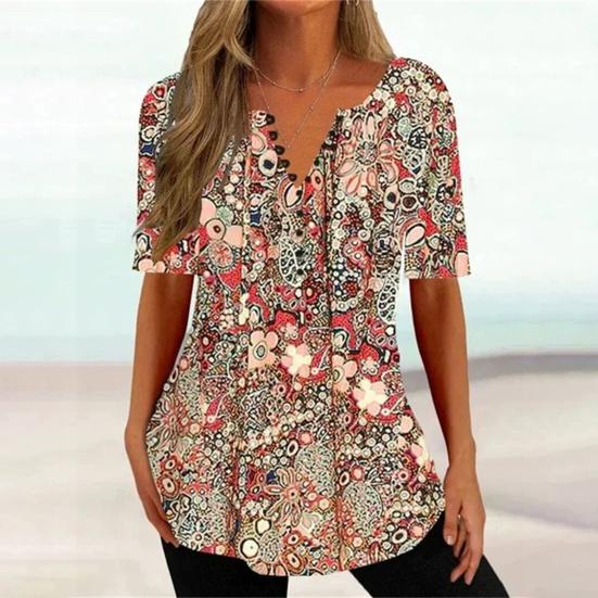 Women Summer T-shirt Flower Print V Neck Short Sleeves Loose Vintage Daily Wear Mid Length Plus Size Women Top Female Clothes