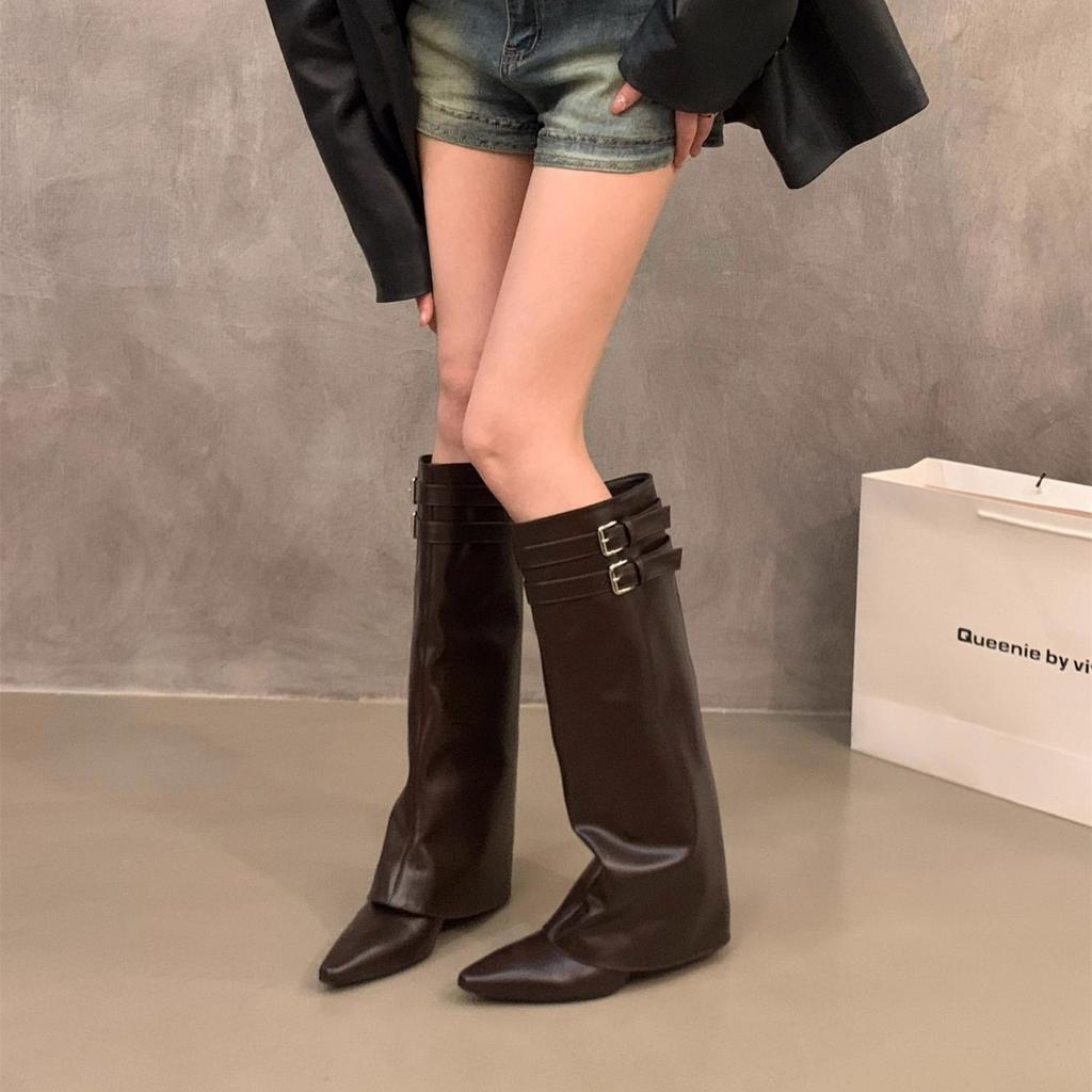 Pointed high-heeled brown Maillard medium boots women's shoes 2025 new spring and autumn winter trousers long tube knight boots